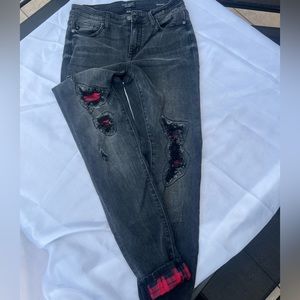 Judy Blue 5/27 skinny fit dark gray jeans with red & black “flannel” inside